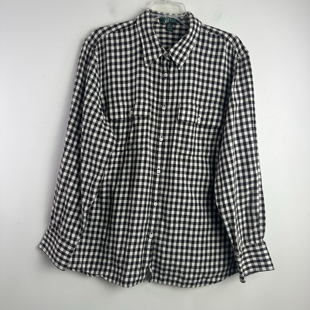 Lauren Ralph Lauren Women 2X Button Up Shirt Gingham Black White Pocket